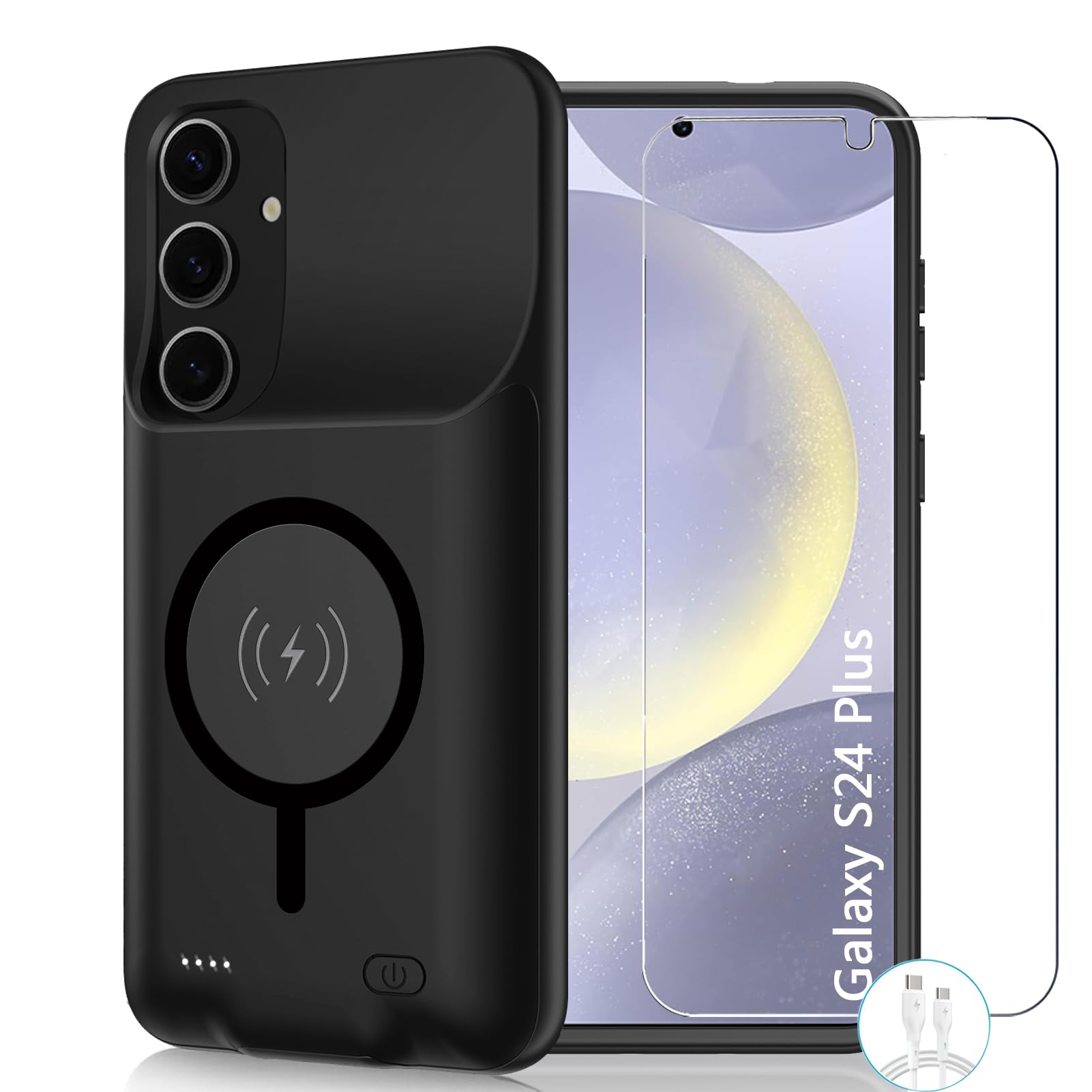 Battery Case for Galaxy S24 Plus,High Capacity 12000mAh Extended Portable Protective Charging Case Backup Compatible with Galaxy S24 Plus Wireless Charger Case with 1x Screen Protector & Cable-Black
