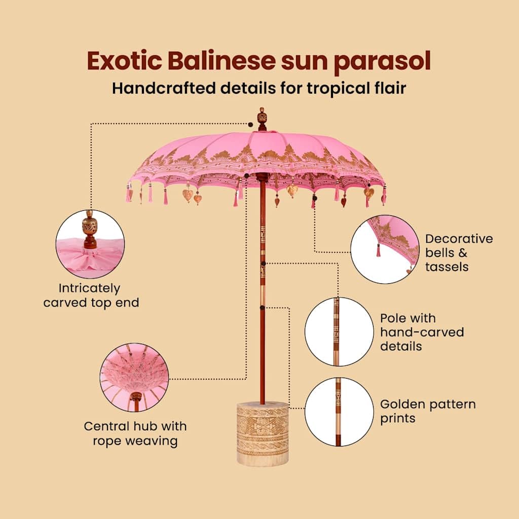 vidaXL Baliński Parasol z Bazą Różowy 215 x 215 x 260 cm, Bali Parasol, Okrągły Parasol Ogrodowy na Zewnątrz, Tropikalny Cień w Różu