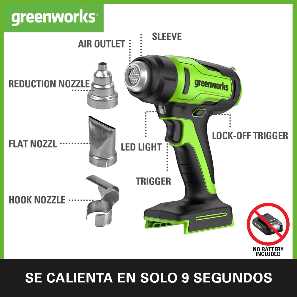 Greenworks G24HG Pistola de Calor Inalámbrica, Calentamiento Rápido en 9 Segundos, 200L/Min 2 Velocidades de Ventilador, SIN Batería de 24V y Cargador, Garantía de 3 Años