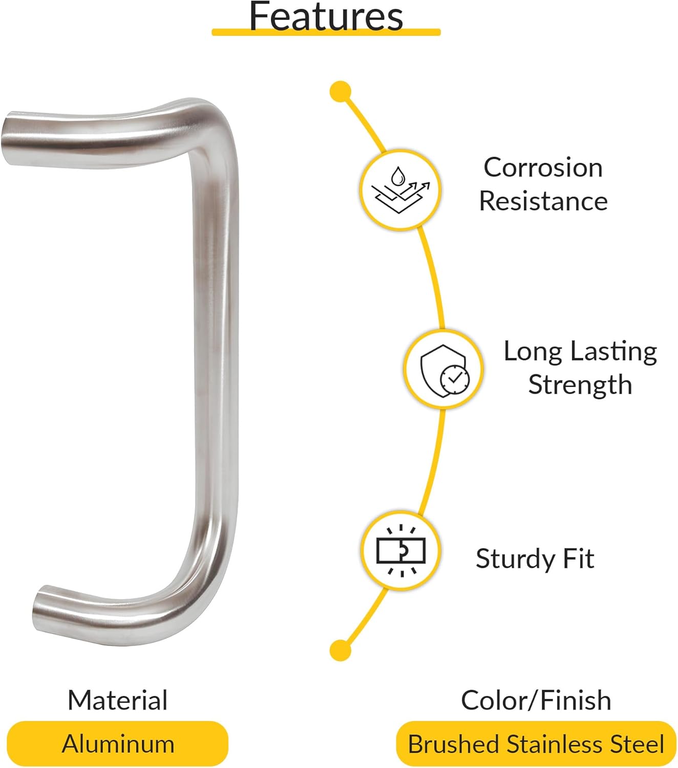 Brixwell Solid Offset Pull Handle Aluminum Material, Brushed Stainless Steel Finish, 11" Length, 1" Diameter, 10" Mounting Center to Center, 3-1/4" Projection, Includes 5/16"-18 Thru-Bolts and Washers