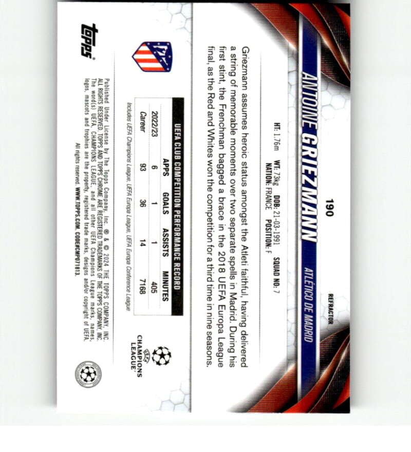 Amazon.com: 2023-24 Topps Chrome UEFA Refractor #190 Antoine