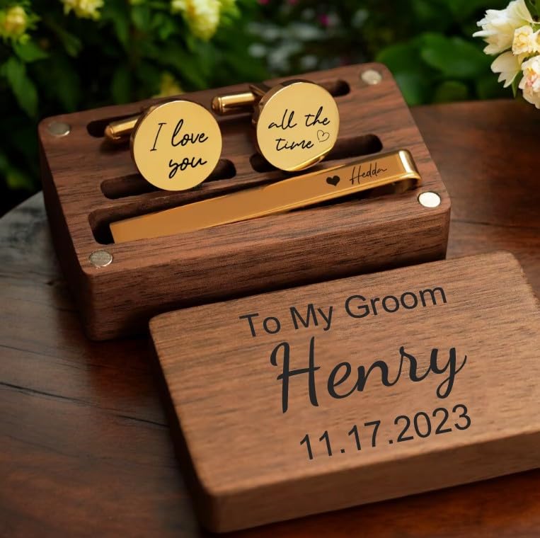 Personalized Cuff Links - Groomsmen CuffLinks - Wedding Gifts - Custom Cufflinks for Him - Round Cufflinks - Anniversary Gift - Wedding Cufflinks & Tie Clip Set2
