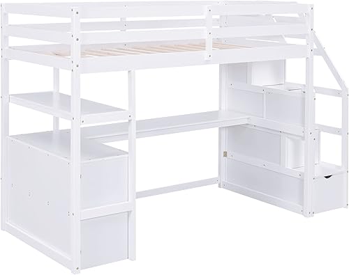 Miniatura 14 de Quarte Cama alta multifuncional, cama alta tamaño matrimonial con escritorio integrado y estantes de almacenamiento, dos cajones y escalera de