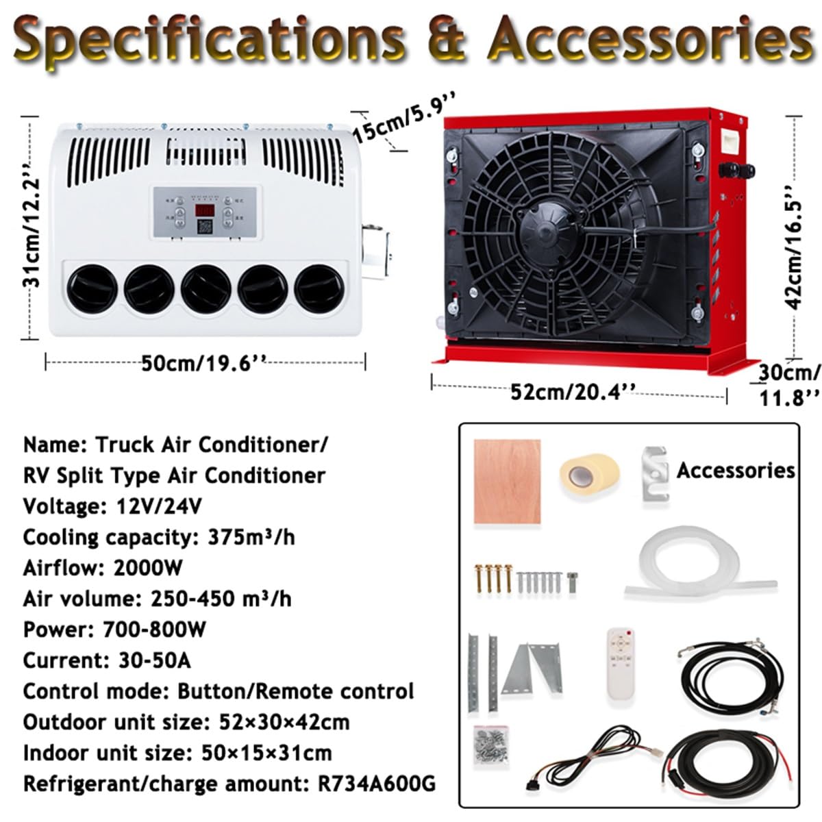 Klimatyzator 12V/24V - klimatyzator typu split do samochodów ciężarowych, szybkie chłodzenie w pojazdach kempingowych,ciężarówkach,furgonetkach, kabinach samochodów osobowych z pilotem