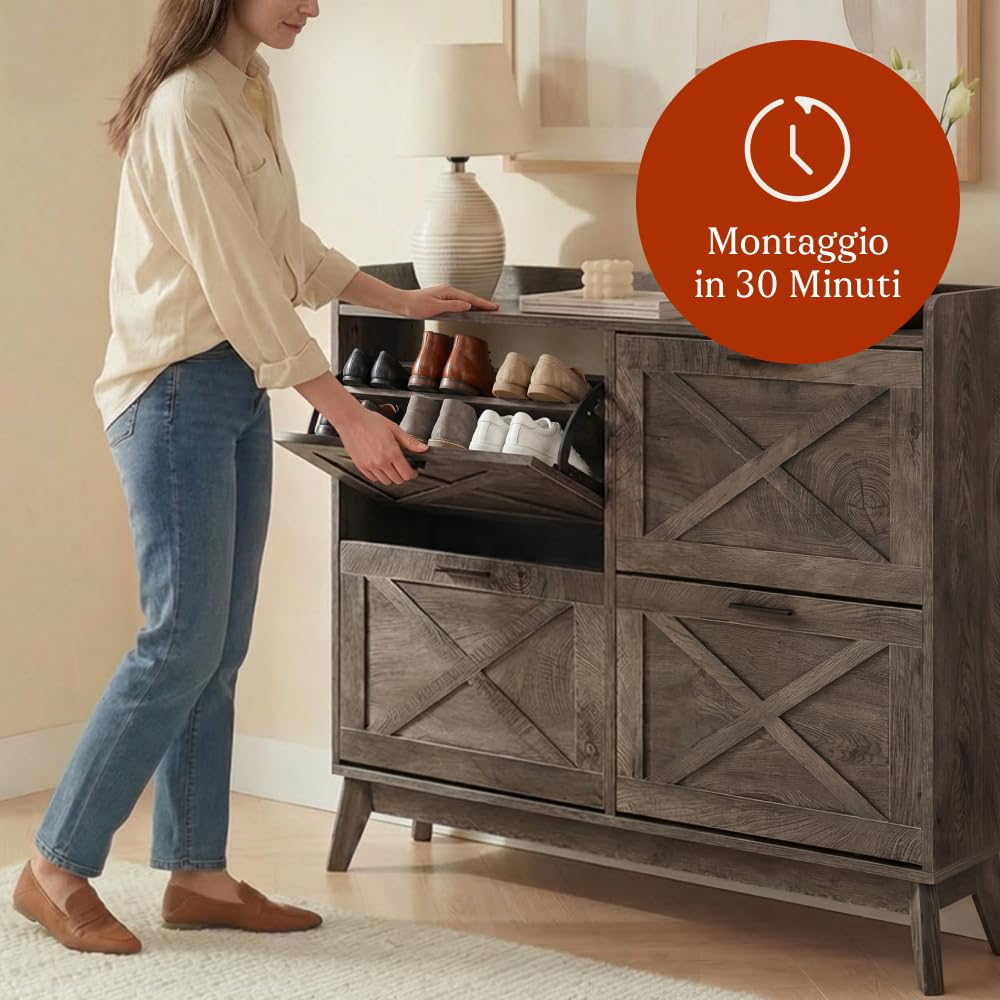 CASABEL Scarpiera 4 Ribalte, Frontali con motivo a croce, Legno Scuro, Design Funzionale, Grande Capacità 24 Paia, Mobile Pratico per Corridoio, Ingresso o Soggiorno, 114x24x96 cm