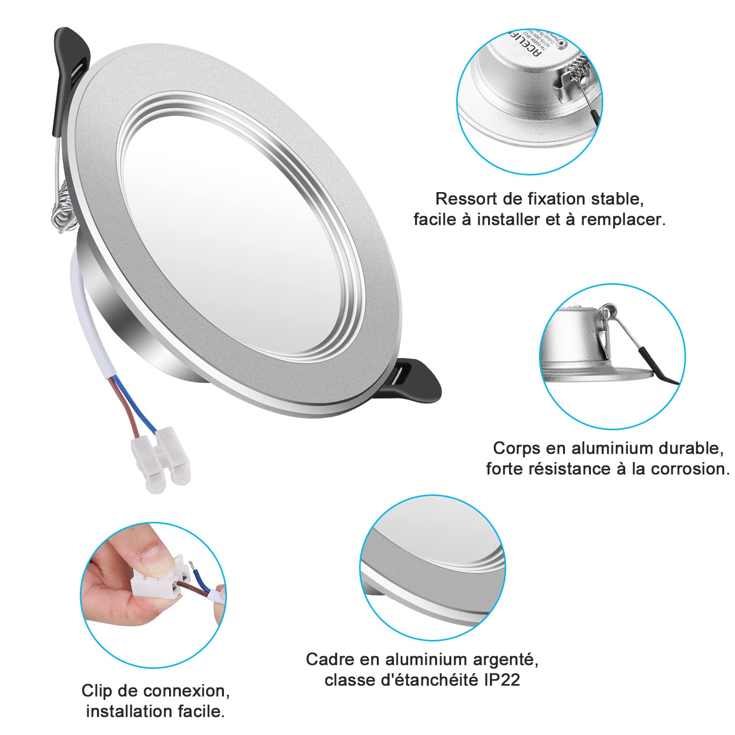 ACELIFE Downlight Led Empotrable Redondo, Foco Empotrable LED de Techo Extraplana, 7 W 700lumen, Equivalente a 70 W Incandescente, 6000K (Blanca Fría), Metal de Aluminio ojos de buey Led, Juego de 6
