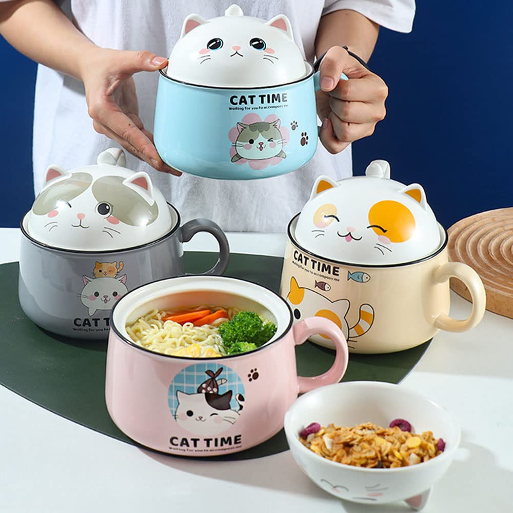 Ciotola Ramen Con Coperchio, Grazioso Gatto Per Insalata, Ciotola per cereali con manico, 1020 ml, in ceramica istantanea, ciotola per pasta, dessert, zuppa e pranzo per bambini
