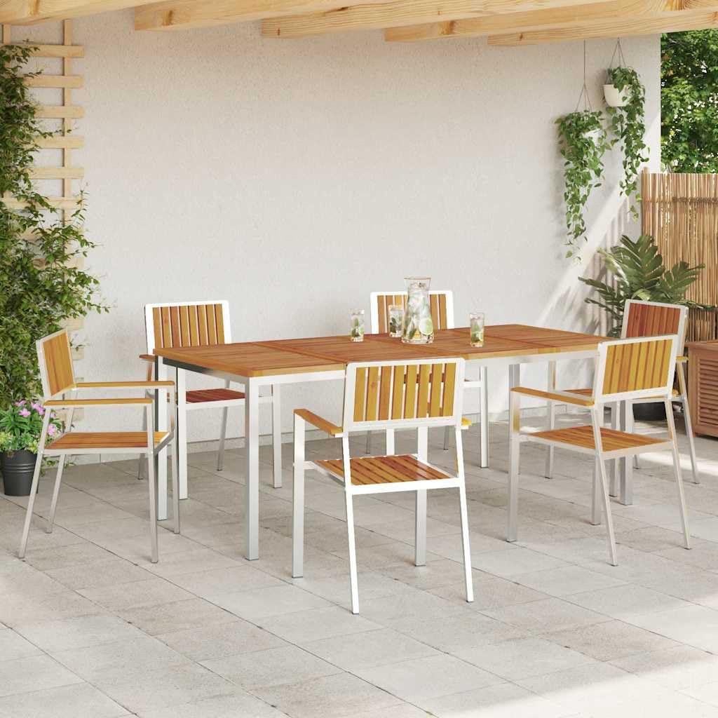 Zestaw stołów outdoorowych, 7 szt., brązowe, lite drewno akacjowe, stół ogrodowy, stół tarasowy na balkon i do ogrodu, z ramą ze stali nierdzewnej, idealny do jedzenia, pikniku, kempingu i