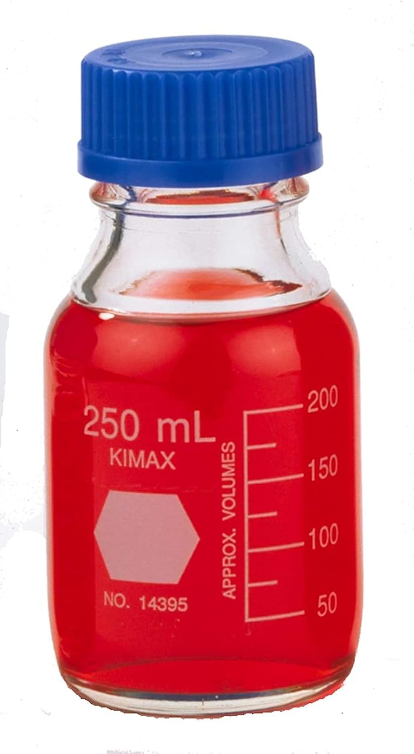 Kimble 14395-250 Borosilicate Glass GL-45 Media/Storage Bottle With Blue Polypropylene Screw Thread Cap, 250mL (Single)