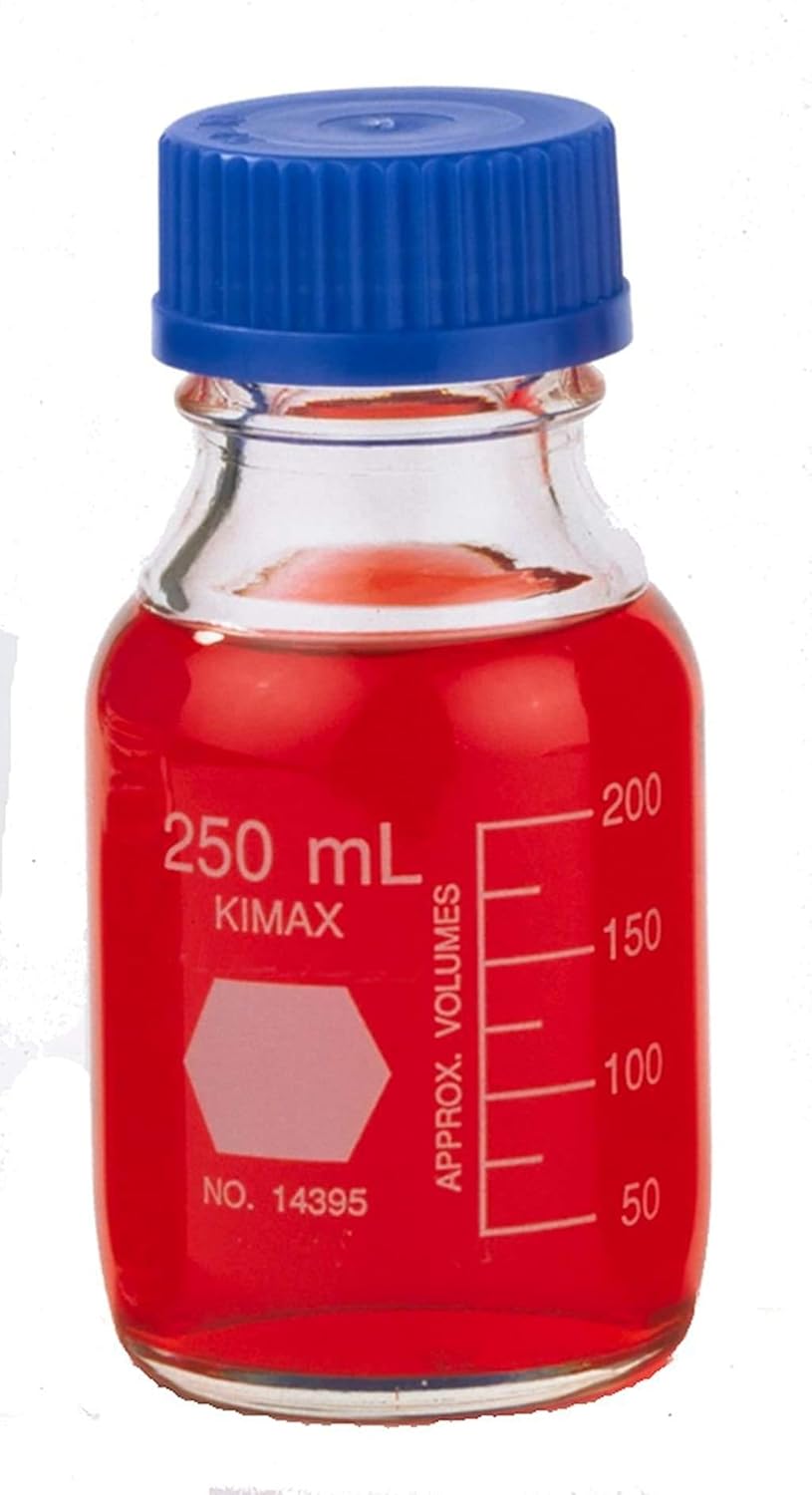 Kimble 14395-250 Borosilicate Glass GL-45 Media/Storage Bottle With Blue Polypropylene Screw Thread Cap, 250 mL (Case of 10): Science Lab Media Bottles: Industrial & Scientific