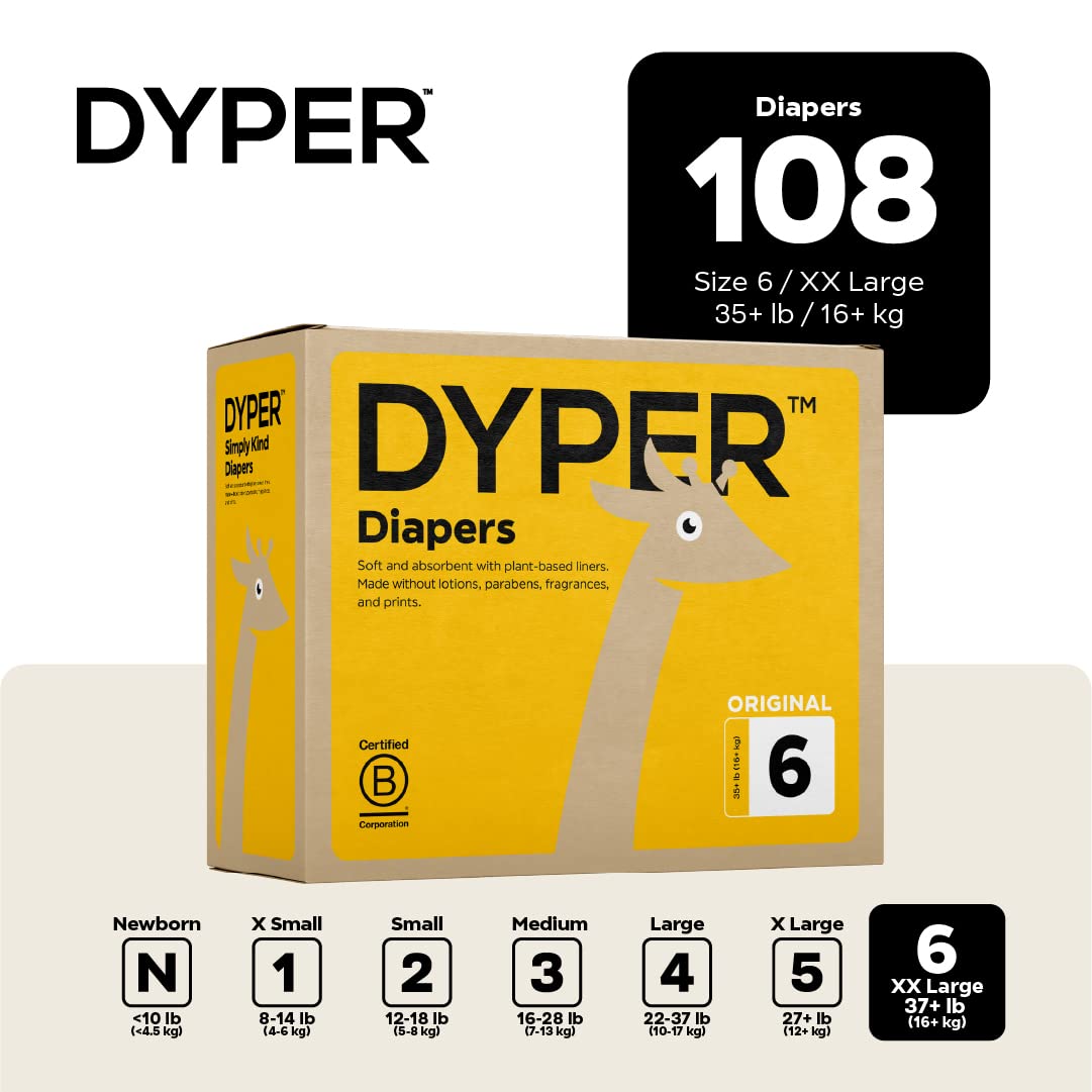 DYPER Baby Diapers Size 6 | Honest Ingredients | Cloth Alternative | Day & Overnight | Made with Plant-Based* Materials | Hypoallergenic for Sensitive Skin, Unscented