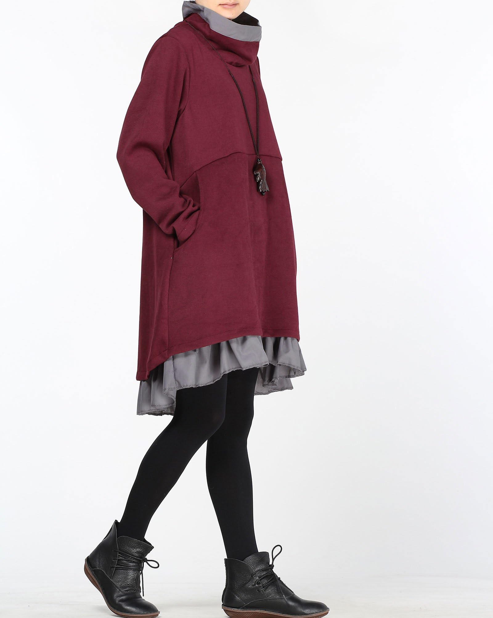 Minibee Abito da donna oversize a collo alto, a maniche lunghe, tunica top, abito svasato con tasche