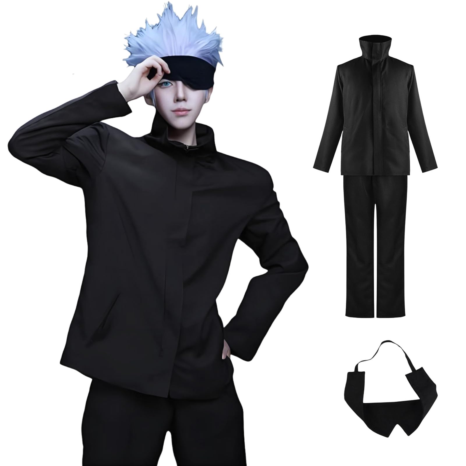 MeYuxg Satoru Gojo Anime Cosplay Costume, Gojo Satoru School Uniform Jacket with Eye Mask