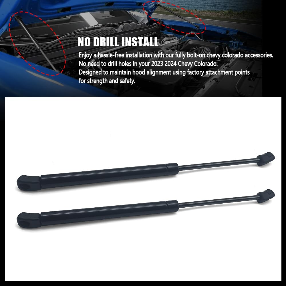Hood Struts Fit for Chevy Colorado 2023 2024 No Drilling Hood Lift Support Shock Dampers Gas Spring Prop Rod 2Pcs with Mounting Bracket