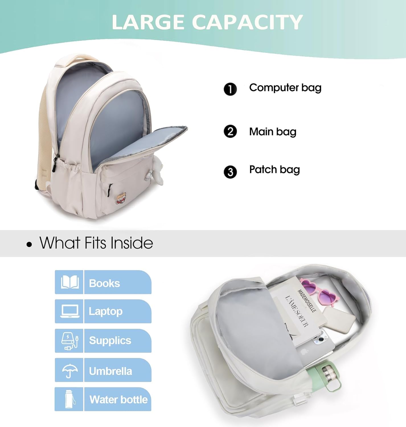 School Backpack for Teen Girls Cute Bookbag for High Middle School College Aesthetic Laptop Back Pack,Beige - Image 4