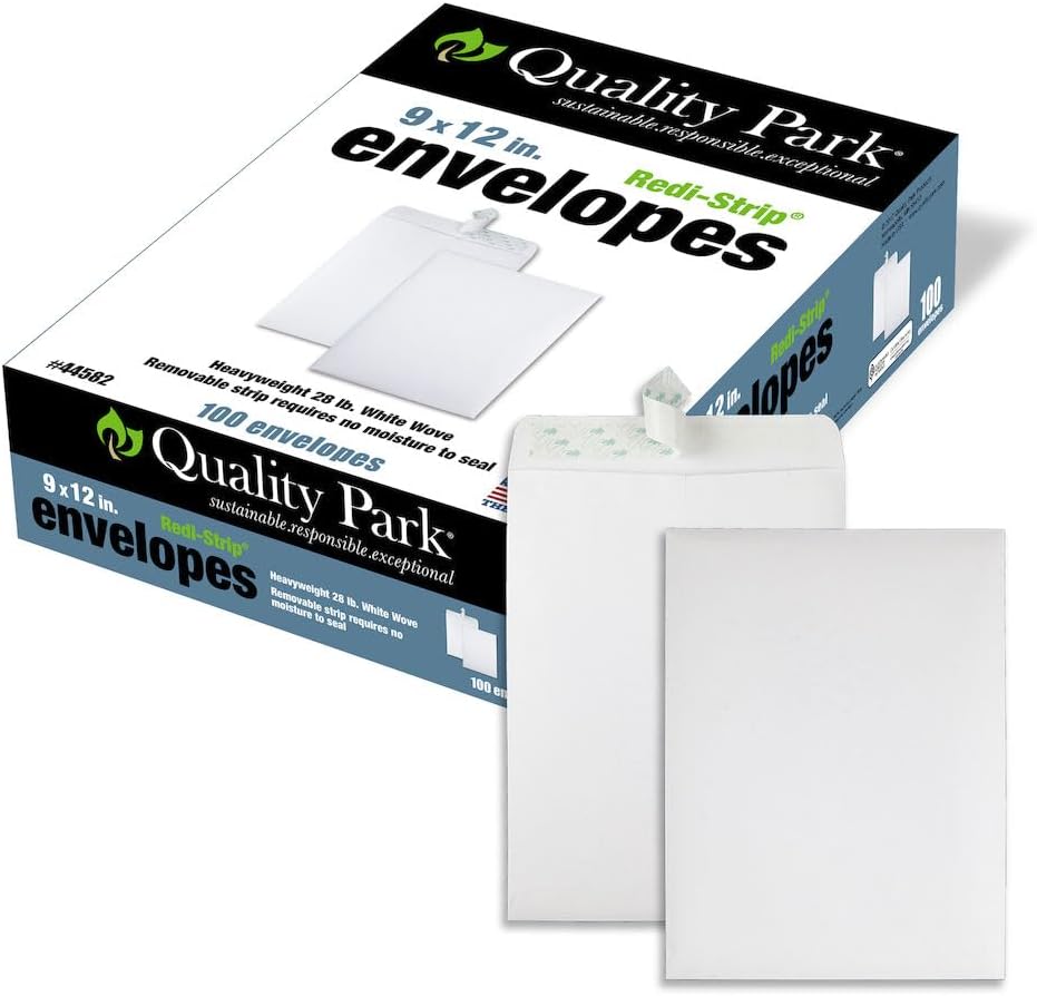 Quality Park 9 x 12 Catalog Envelopes, 100 Pack, Document Envelopes with Self Seal Closure, Heavyweight 28 lb Paper, Self Sealing Envelope for Mailing, Filing and Organizing, White