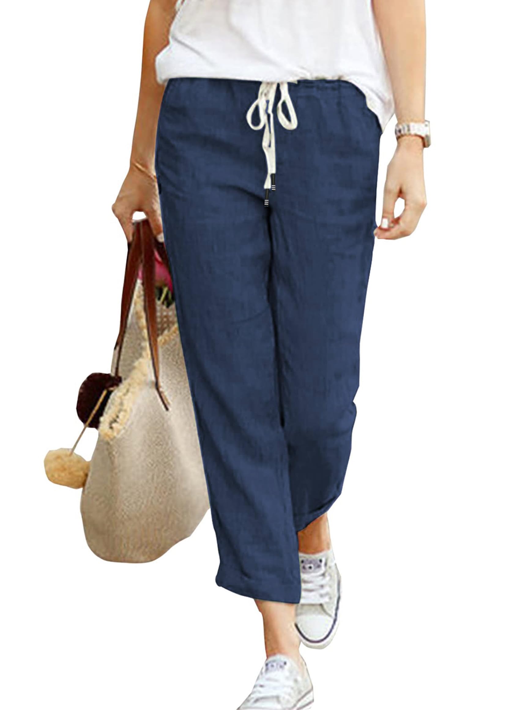 Hormtaer Hose Damen Leinen Sommerhose 7/8 Casual Leichte Baumwolle Leinenhose Stoffhose Bequeme Luftige Freizeithose Strandhose Mit Taschen (Navy Blau, L)