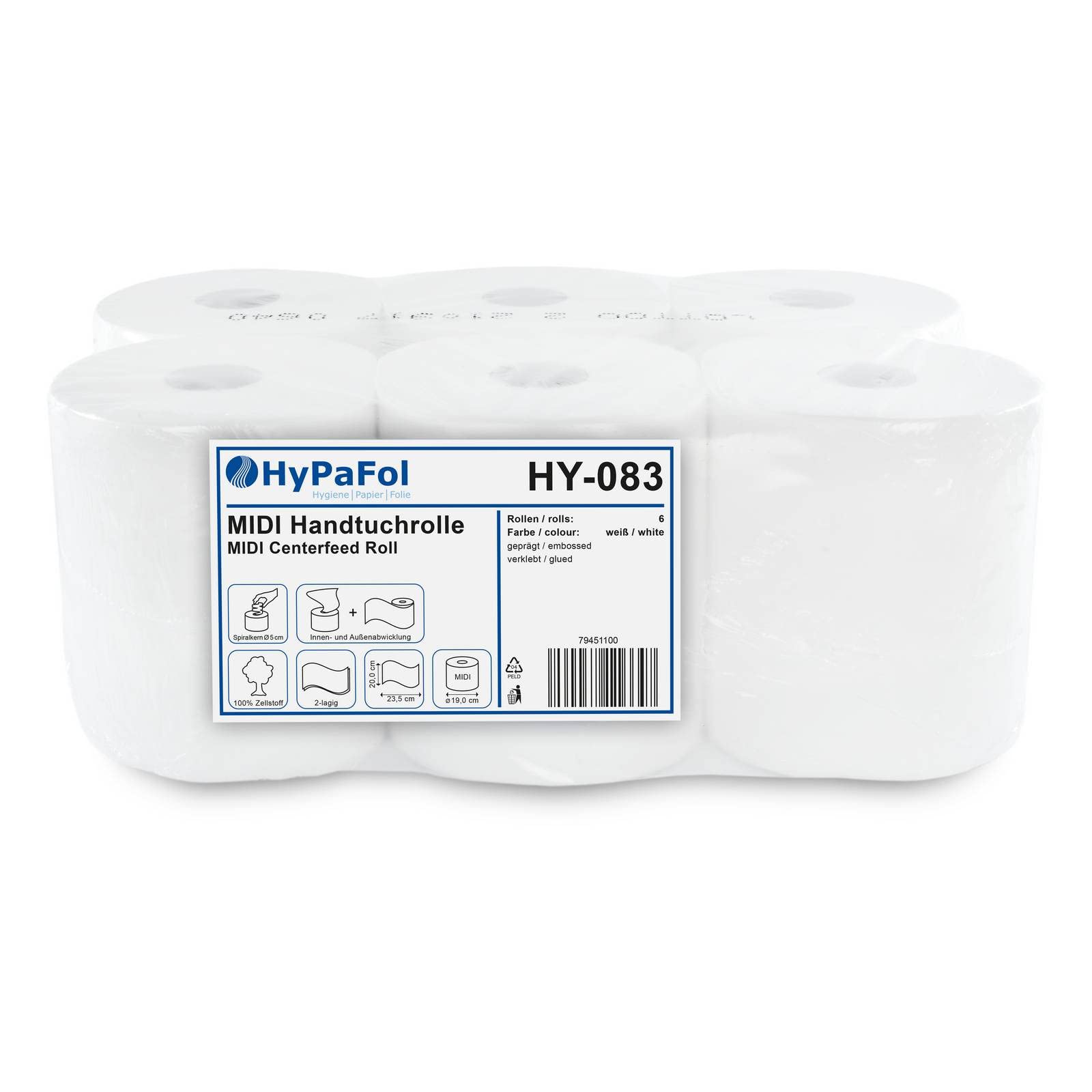 Hypafol Handtuchrolle aus Zellstoff | 2-lagig, 6 Rollen, hochweiß,20 x 23,5 cm, Ø19 cm |mit bequemer Innen- und Außenabwicklung - Perfekt für Sauberkeit und Hygiene!