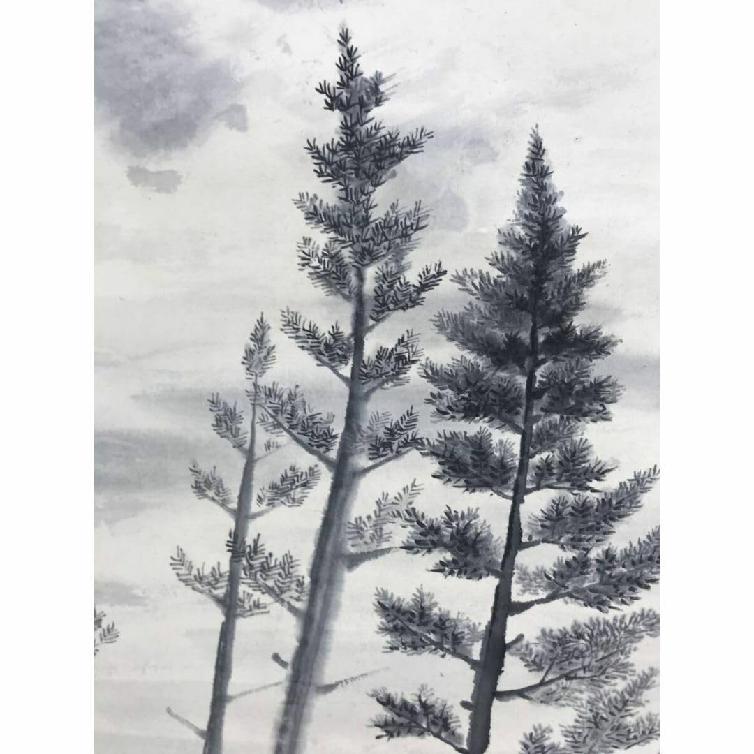 真作/茨木杉風/雲に立木図/山水図/横物/掛軸☆宝船☆AH-677 真作/茨木杉風/雲に立木図/山水図/横物/掛軸☆宝船☆