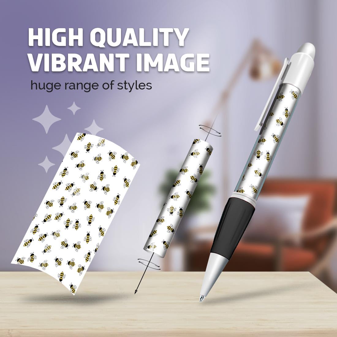 Set of 4 White Ballpoint Pens (Photo Insert) - Little Bumble Bee Pattern - Soft Feel Finger Grip #51346, 1 count (Pack of 4) - Image 2