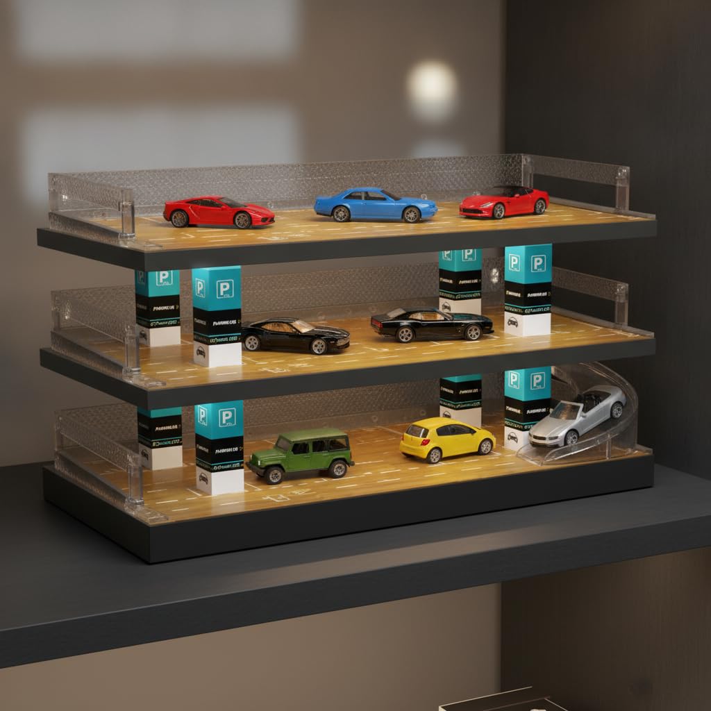 Garage per auto modellini 1:64, Diorama Parcheggio a 3 Livelli con Illuminazione LED, Vetrina Espositiva per Auto Diecast
