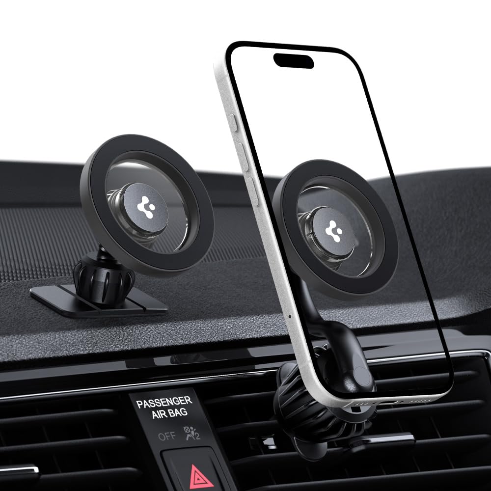Spigen Magnetic Air Vent Car Mobile Holder [Super Strong Magnet] [MagSafe Ring Included][Extra Mini Dashboard Mount] for iPhone 17/16/15/13/12, Samsung Galaxy Series and More(Extension Type) - Gray