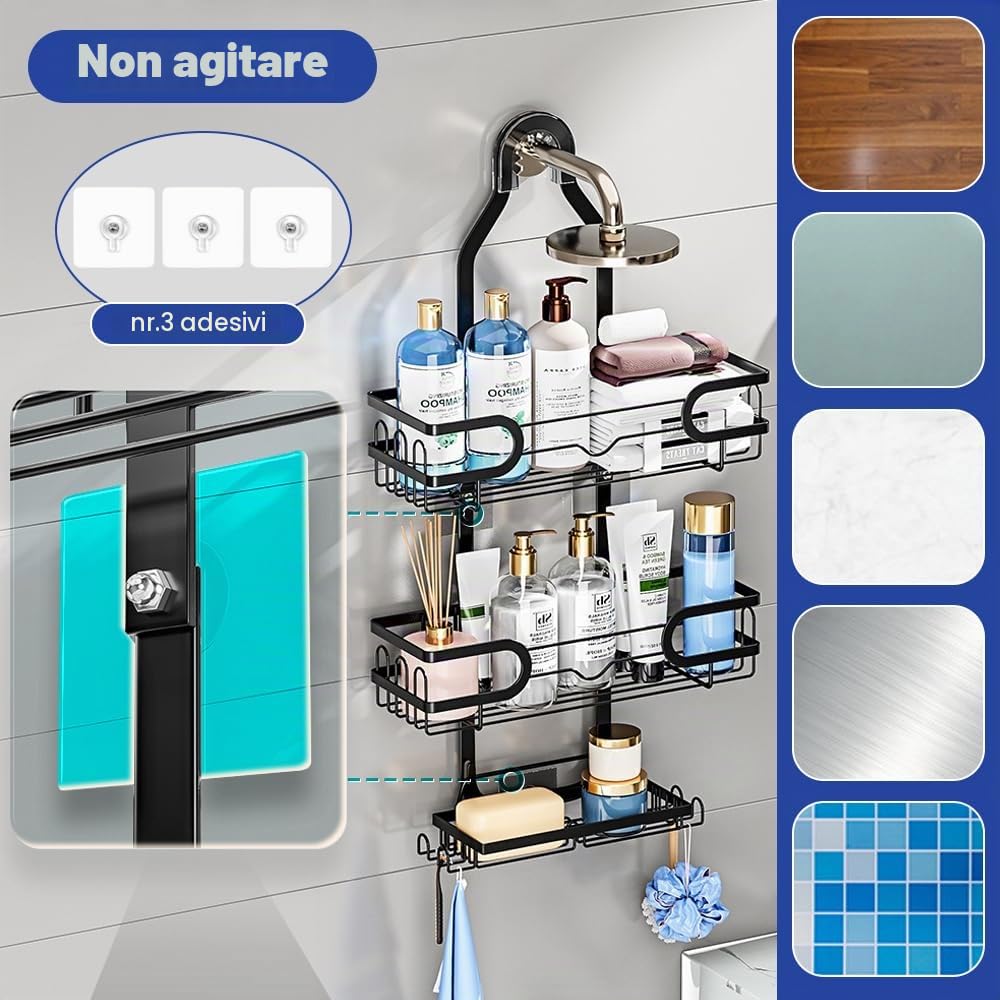 Mensola Doccia da Appendere a 3 Ripiani, Portasapone Doccia Senza Foratura, Portaoggetti da Doccia Sospesa in Metallo, Cestello di Scarico Doccia Appesa, Cestino Pensile da Bagno - Nero