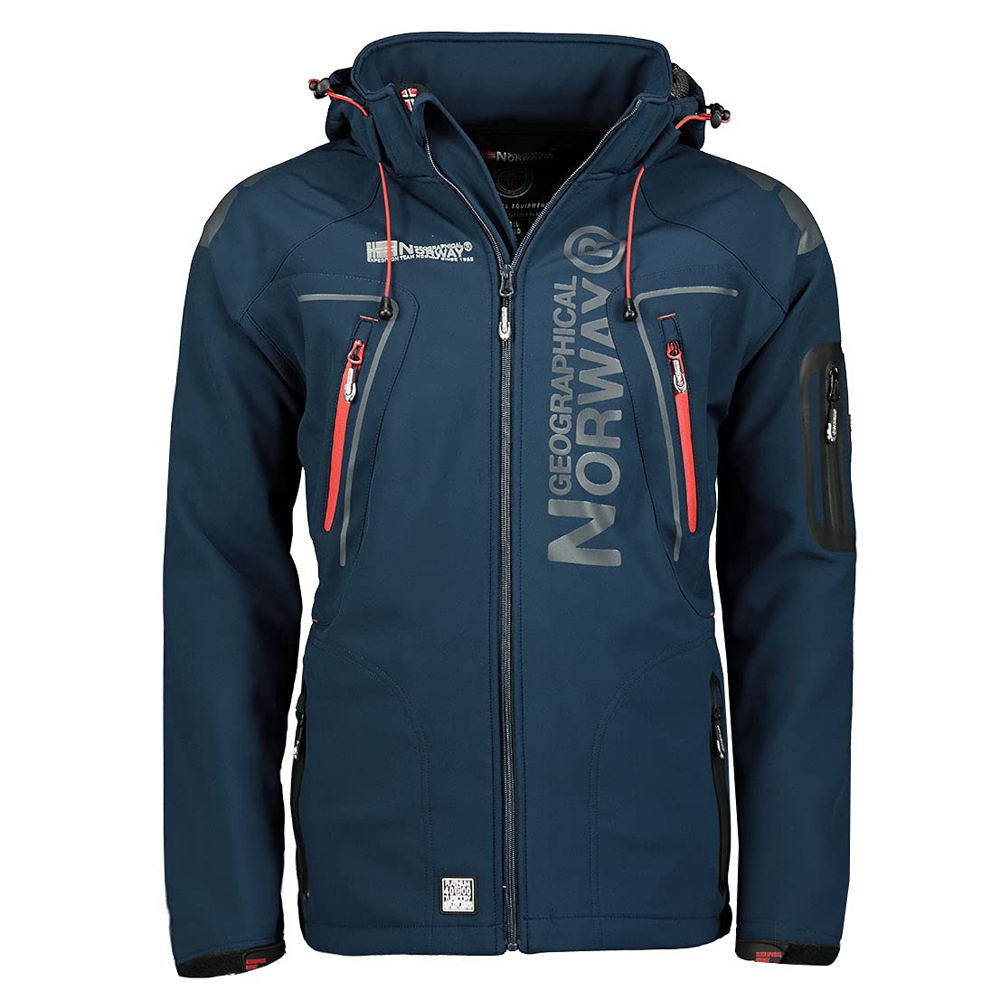 Geographical Norway Techno Men Distribrands - Chaqueta Softshell Impermeable Hombres - Capucha Hombre Transpirable Exteriores - Chaqueta Invierno Viento (Marina/Rojo M)