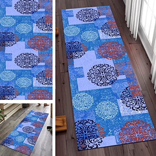 Alfombra antideslizante azul marroquí para pasillo, pasillo, dormitorio, cocina, interior, 60 x 550 cm
