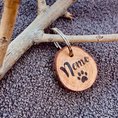 Natürliche Hundemarke aus Holz mit Gravur personalisiert | Echtes Rosenholz mit Rinde, geräuschlos am Halsband | Rückseite mit Telefonnummer, Adresse, Datum - Geschenk für Hundehalter