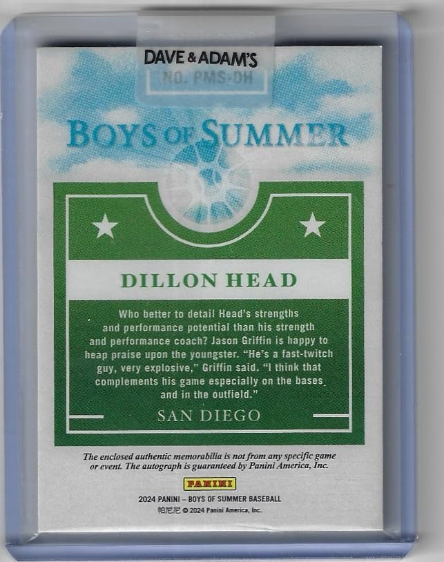 Dillon Head Autographed & Serial Numbered #54/99 RPA Game Used Jersey Relic Memorablilia Collectible Baseball Card- 2024 Panini Boys of Summer Baseball Card #PMS-DH (Padres)