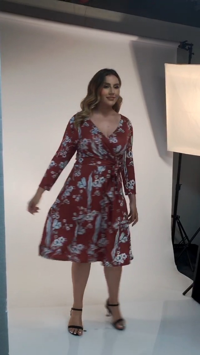 AMZ PLUS Womens V-Neck 3/4 Sleeve A Line Midi Faux Wrap Plus Size Cocktail Party Swing Dress Black L - Image 8