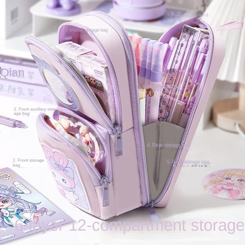 Image of Kawaii Cute Aesthetic Pencil Case for Girls & Boys | 3 Layer 6 Compartment Large Capacity Pencil Pouch with Zipper | Cartoon Stationery Organizer Bag for Students & Kids (Purple)