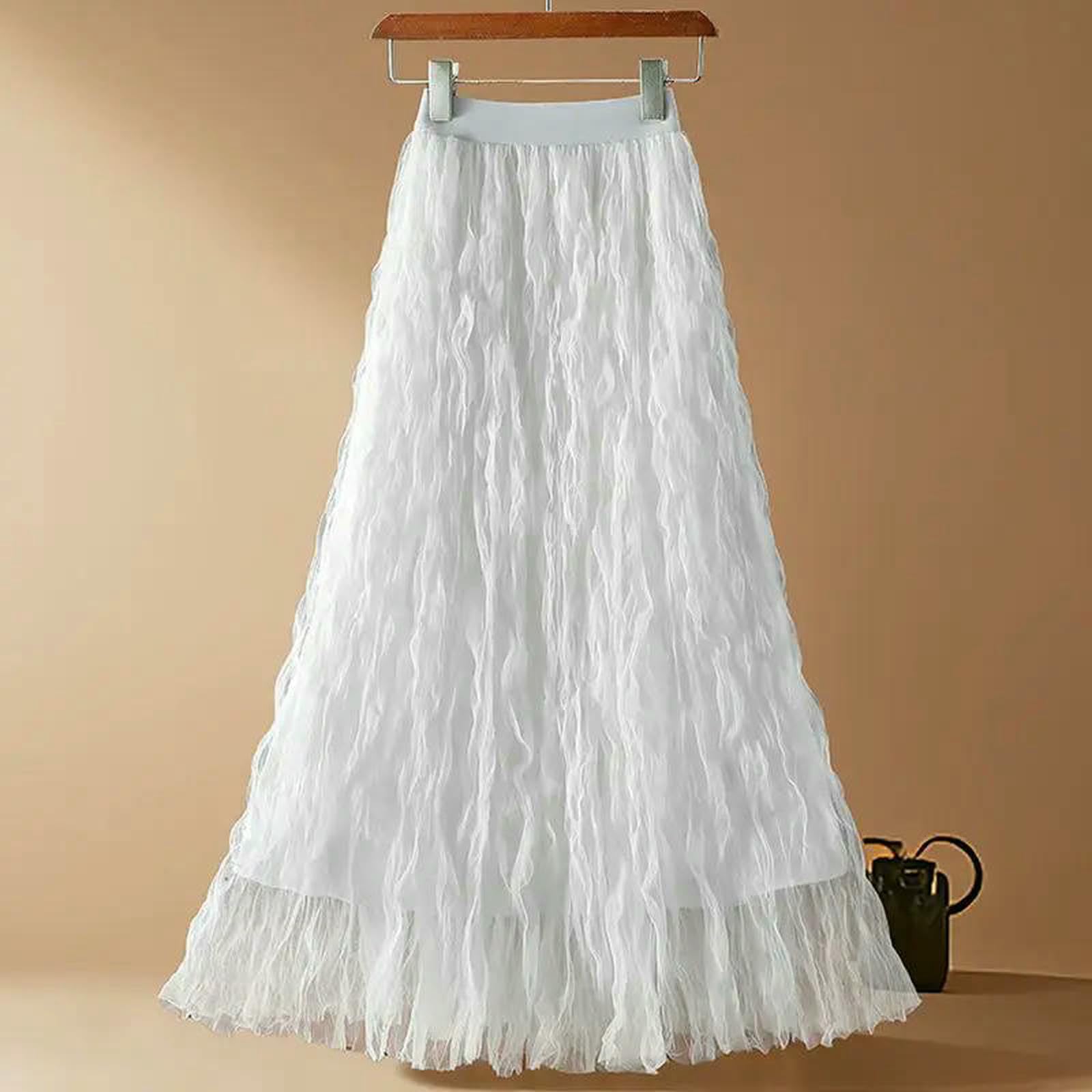 Gonna Lunga Leggere Moda Piegata Maglia per Le Donne in Estate Alta Vita Sottile A Media Lunghezza Versatile Linea-White-m