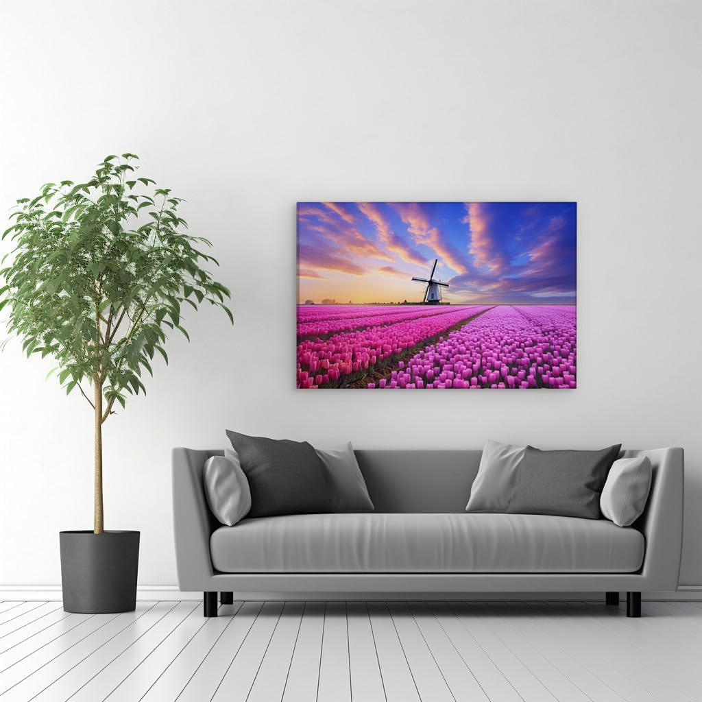 Canvas for Living Room. Dawn's Embrace: A Windmill Amongst Whispering Tulips, 27 x 18 inch Canvas Wall Art - Contemporary Masterpieces - Modern Home Decor