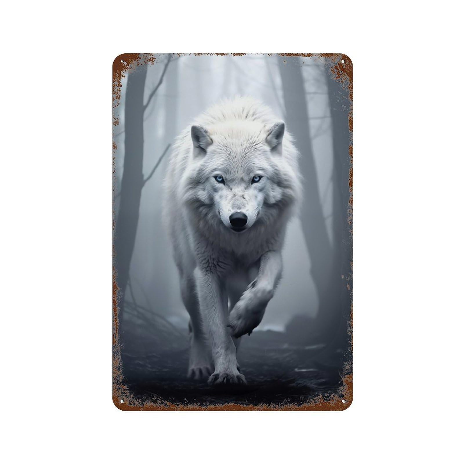 White Wolf in Foggy Forest Rusty Metal Tin Sign 11.8"x7.9", Rustic Home Decor for Living Room, Hallway And Home Decor
