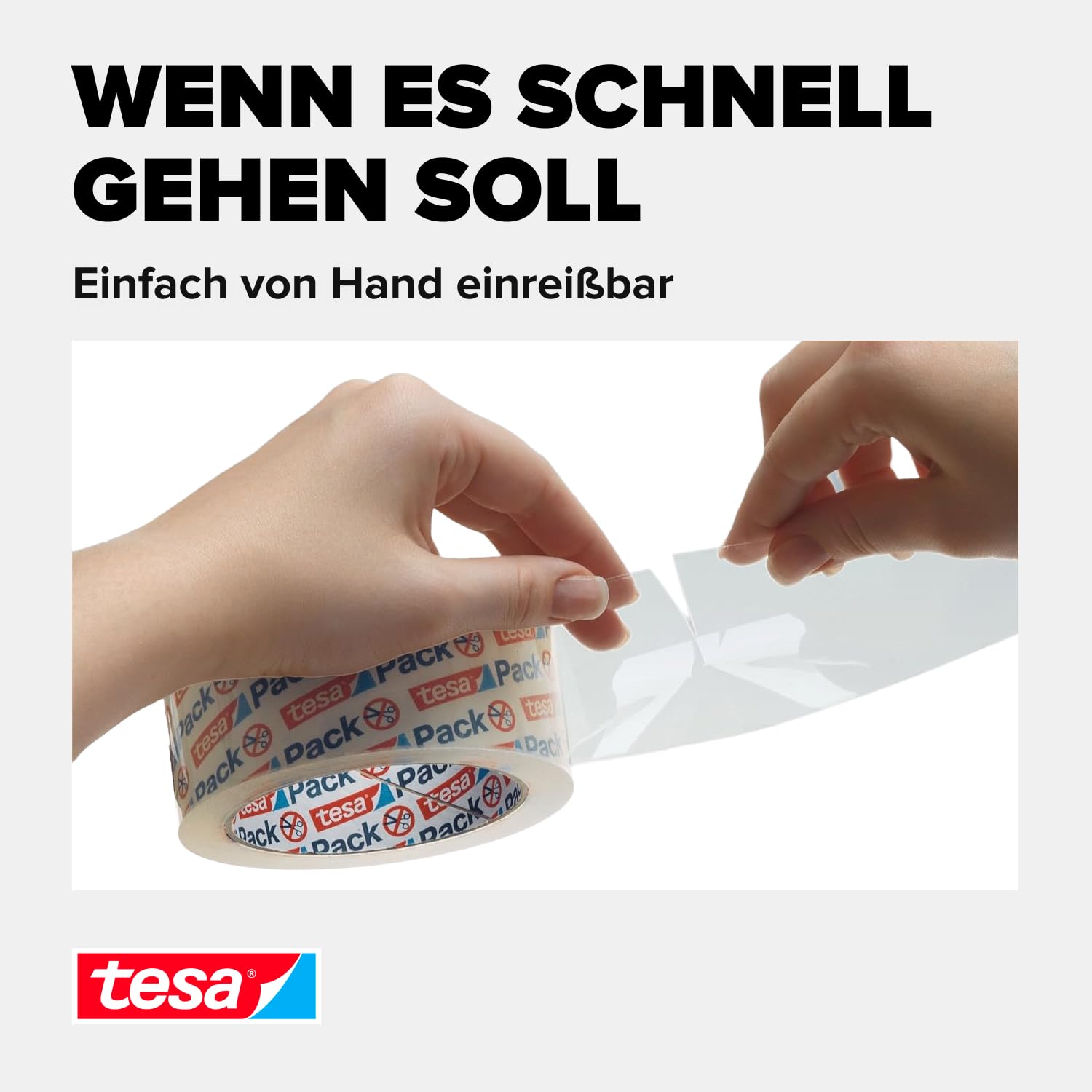 tesa Pack Express Packaging Tape - Hand Tearable Self-Adhesive Roll for Fast Packaging of Parcels and Gifts - 50 m x 50 mm - Transparent