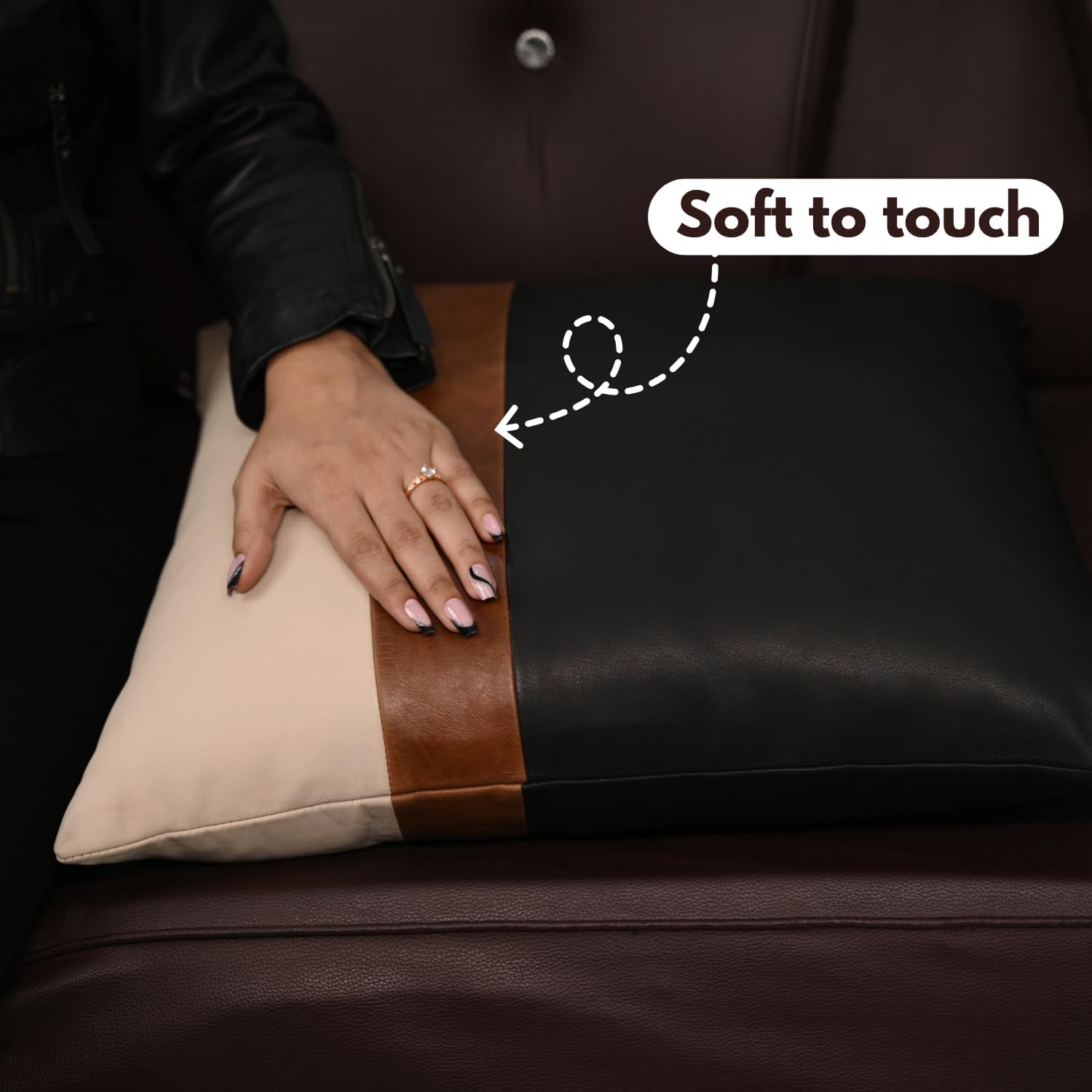 D DOLLY LAMB Lambskin Leather Pillow Cover - Sofa Cushion Case - Decorative Throw Covers for Living Room & Bedroom, 18x18 Inches - Black, Brown & Off White Pack of 2