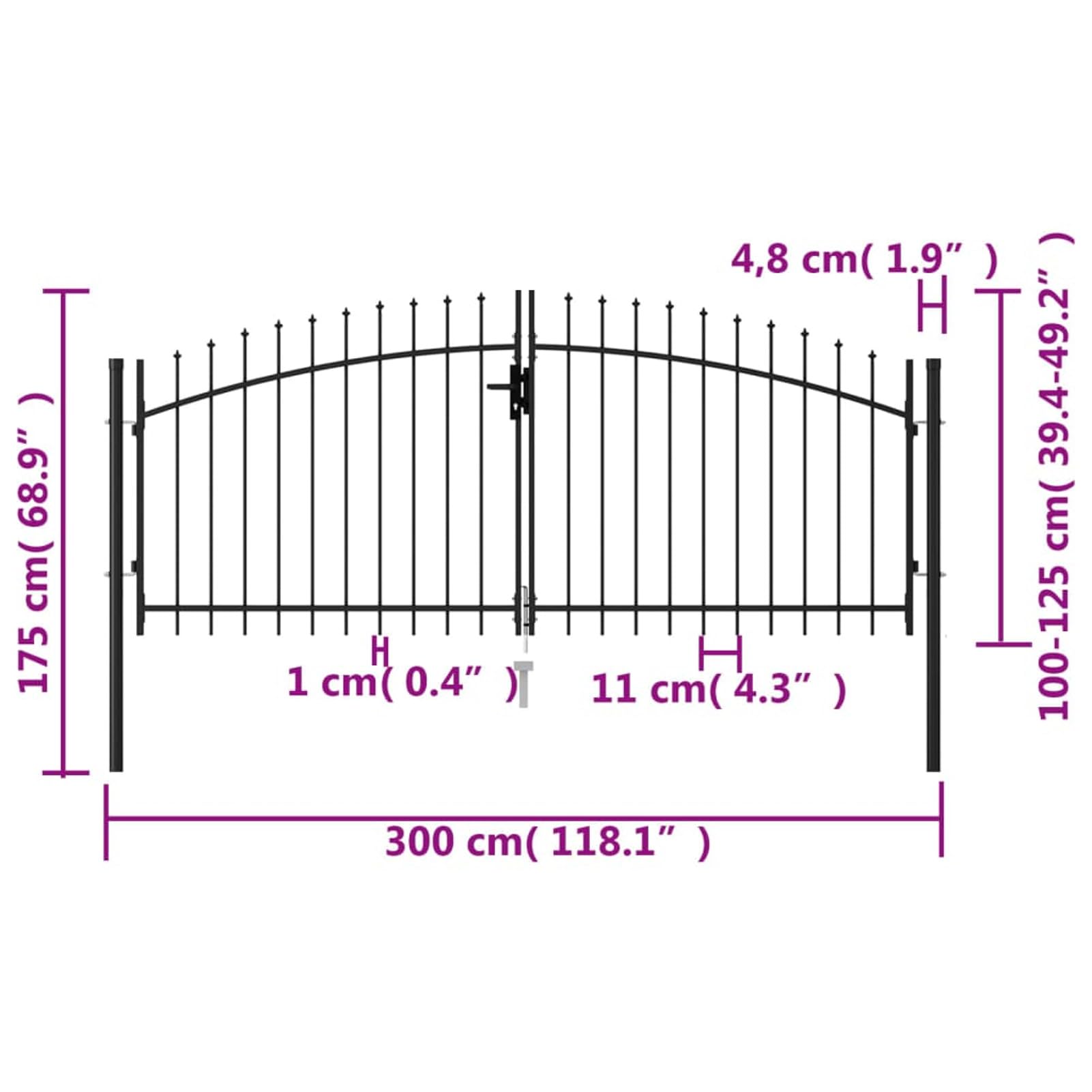 IKAYAA Cancello Doppio con Punte a Lancia Cancello per Recinzione a Doppia Anta Cancello da Giardino per Recinzione con Manico, Serratura e 3 Chiavi in Acciaio zincato-300 x 125 cm