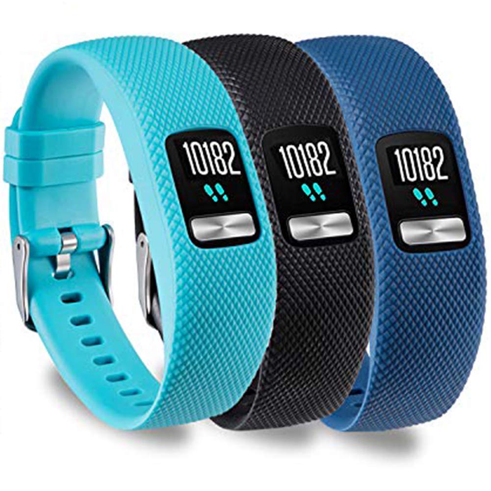 KingAcc Garmin Vivofit 4 Bands, Silicone Replacement Band for Garmin Vivofit 4, with Secure Metal Watch Clasp Buckle Wristband Strap Women Men (3-Pack, Black&DarkBlue&Lakeblue, Small)