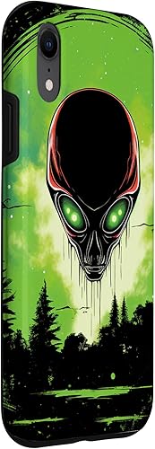 Vista 18 de iPhone 14 Pro Max Cute Green Alien Head UFO Space Face Alien Case