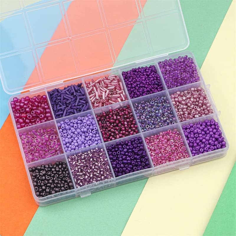Mix 15 Color Glass Seed Tube Beads Glass Bugle Beads Loose Kit for Jewelry Making DIY Craft Beading (Mix 15 Color, Purple) - Image 3