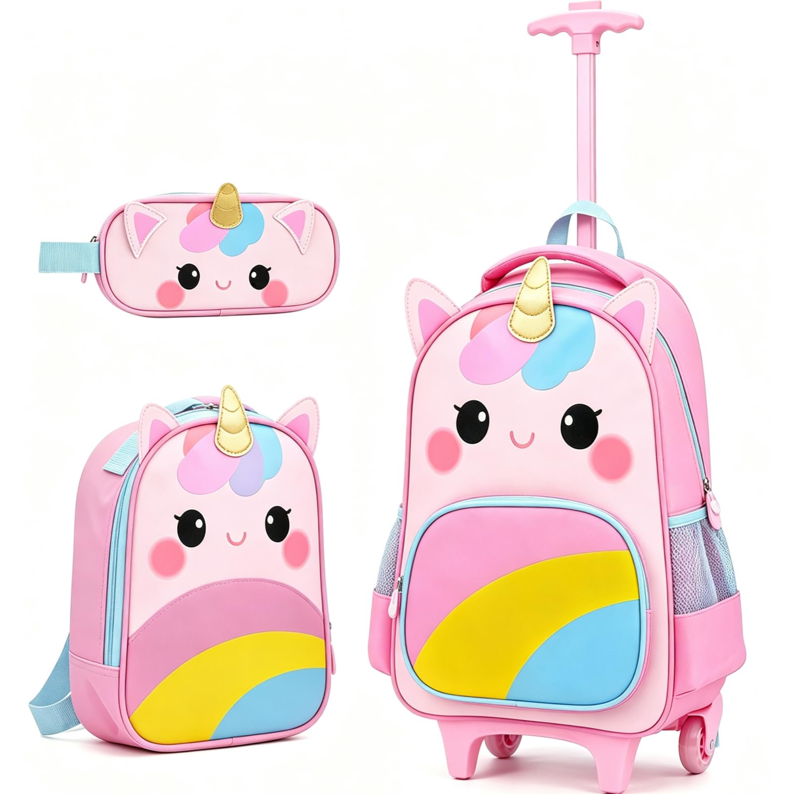 LIFEZEAL Mochila Escolar con Ruedas 3 Piezas Niños Niñas 3+ (Unicornio 2) | Mochila de Viajes Infantil con 4 Ruedas, Mango Ajustable, Fiambrera de Almuerzo y Estuche, Juego de Bolsas para Escolares