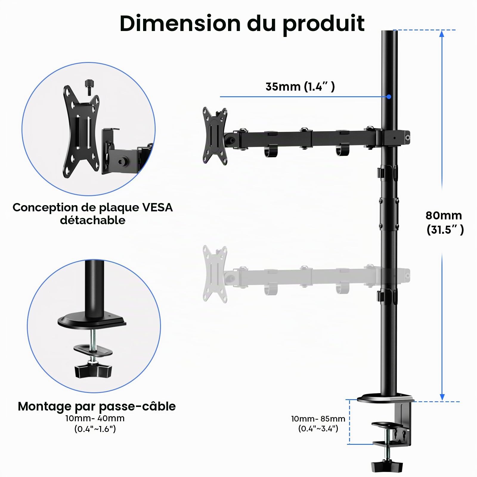 PUTORSEN 80CM Support Ecran PC pour Les écrans 13-35 Pouces, Bras Ecran PC Réglable en Hauteur, Inclinable, Rotatif et Pivotant, Bras Articulé Écran PC, Max Load 9kg, VESA 75/100