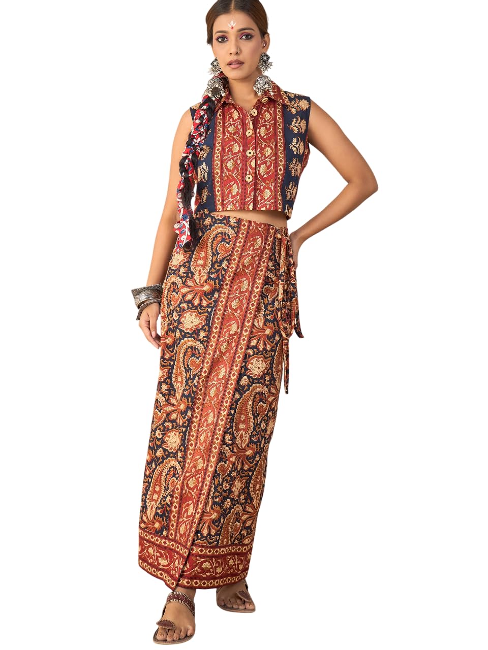 Women's Ethnic Printed Sleeveless Crop Shirt & Tie-Up Wrap Skirt Set