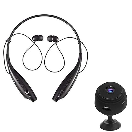 Mabron Combo Pack of 2 Items - Mini Spy Camera with Audio and Video Live Feed WiFi with Cell Phone App Wireless Recording, Hbs-730 Neckband Bluetooth Headphones