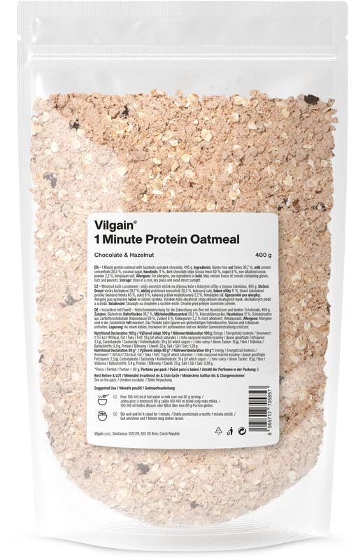 Vilgain Protein Porridge (400 g) Schokolade & Haselnuss – Proteinreiche Hafermahlzeit Ohne Gluten, 1-Minuten-Zubereitung, Natürlicher Kakao Fitness Frühstück Mit Viel Ballaststoffen & Molkenprotein