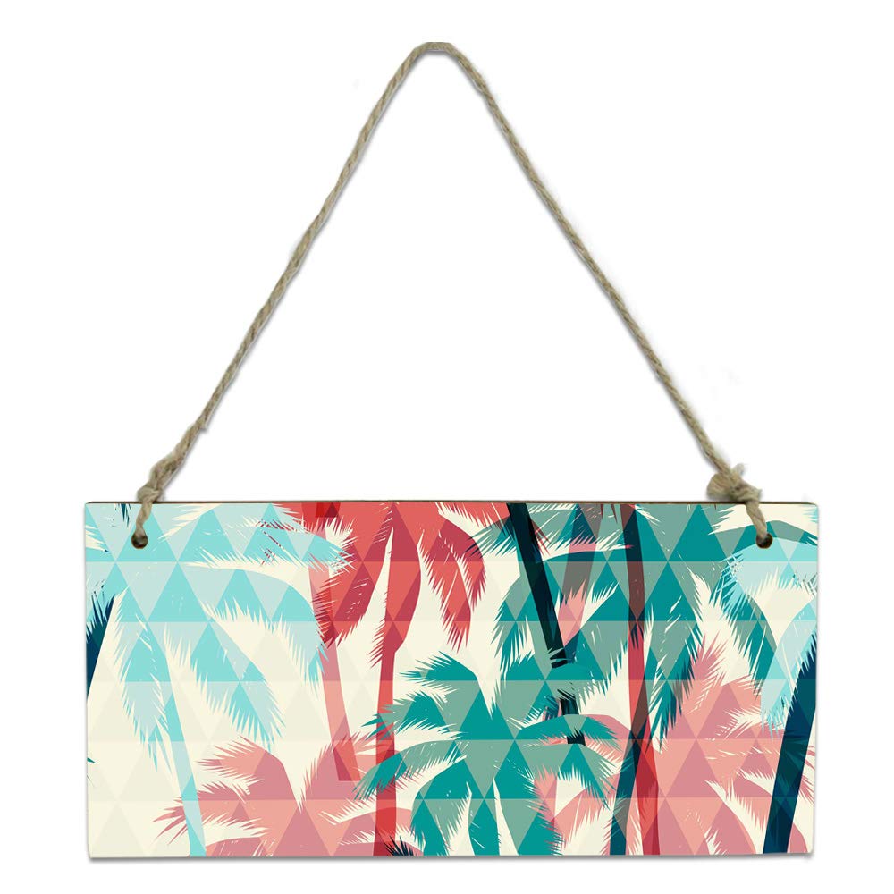 Hanging Sign, Summer Abstract Tropical Plants Palm Tree Colorful Silhouettes Welcome Door Sign Wooden plaques Wall Decor Wood Sign with Rope for Home, Porch,Front Door,Garden, 8 x 4 Inches