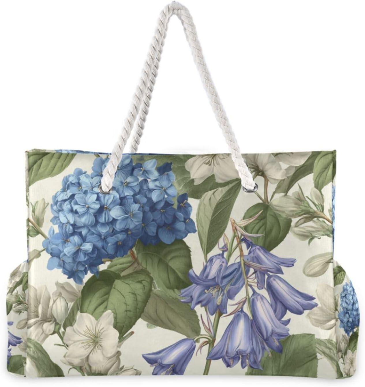 OTVEE Blue Hydrangeas and Bluebells Beach Bags for Women Ladies Large Canvas Tote Shoulder Bag Waterproof Travel Bags for Gym Swim Pool Camping