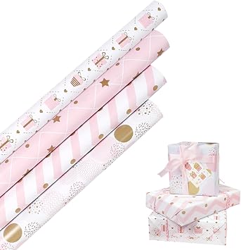 HBell Pink Wrapping Paper Rolls, 4 Rolls Birthday Gift Wrap Paper, Girls Gift Wrap 43cm x 3M for Mother's Day, Easter, Baby Shower, Party, Festive Decorations